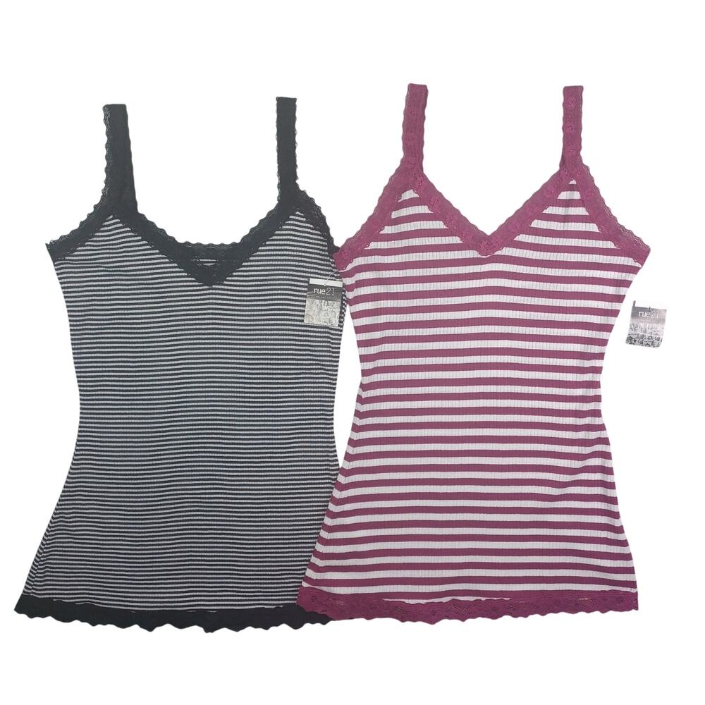 Vintage Y2K Rue21 Lace Trim Tank Top Lot Women XL Black Pink Ribbed Elena Bella